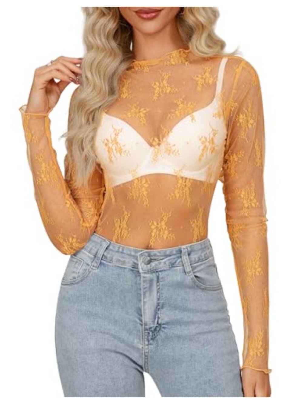 Women's Mesh Sheer Floral Lace Mock Neck Long Sleeve Blouse Y2K Layering Top